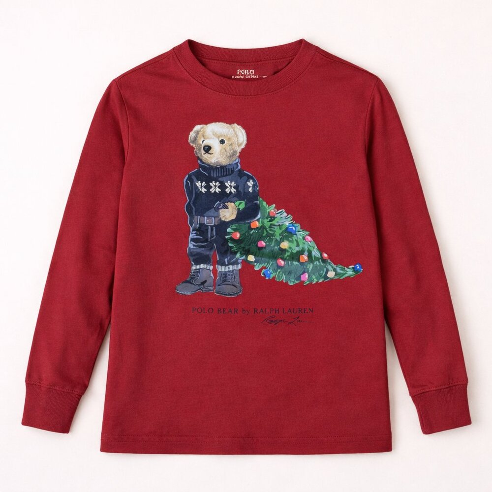Polo Ralph Lauren Boys Polo Bear Christmas Tee Sz 6 Red Holiday Graphic Long Slv